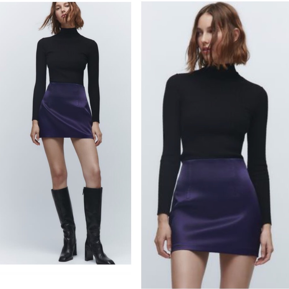 NWT ZARA SHORT SATIN SKIRT DARK NAVY
